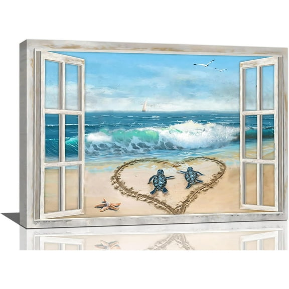 Beach Bathroom Decor Wall Art Ocean Wave Seascape Canvas Painting Prints Coastal Sea Turtle Pictures Wall Decor Modern Artwork Home Decoration for Bathroom Bedroom Living Room
