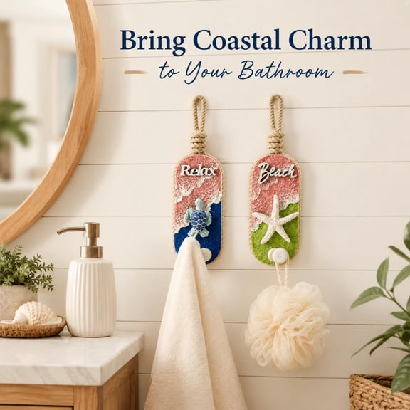 Beach Bathroom Decor Wall Hooks Set of 2, Coastal Resin Towel Hooks with Sea Turtle and Starfish Design, Nautical Ocean Wall Decor for Home, Beach House