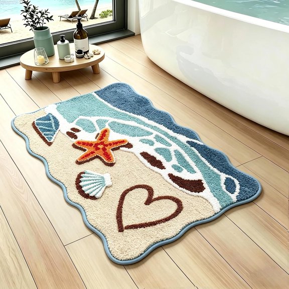 Beach Bathroom Rug 16x24 Inch, Textured Coastal Wave Scalloped Bath Mat with Starfish Shell Decor, Soft Microfiber Absorbent Non-Slip Washable Bath Rug for Bathroom, Kitchen, Entryway