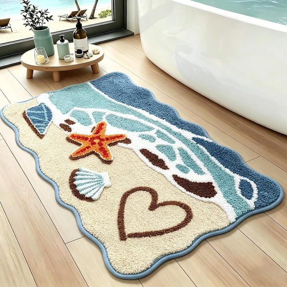 Beach Bathroom Rug 20x32 Inch, 3D Textured Coastal Ocean Wave Scalloped Bath Mat with Starfish Shell Decor, Soft Microfiber Absorbent Non-Slip Washable Bath Rug for Bathroom, Kitchen, Entryway