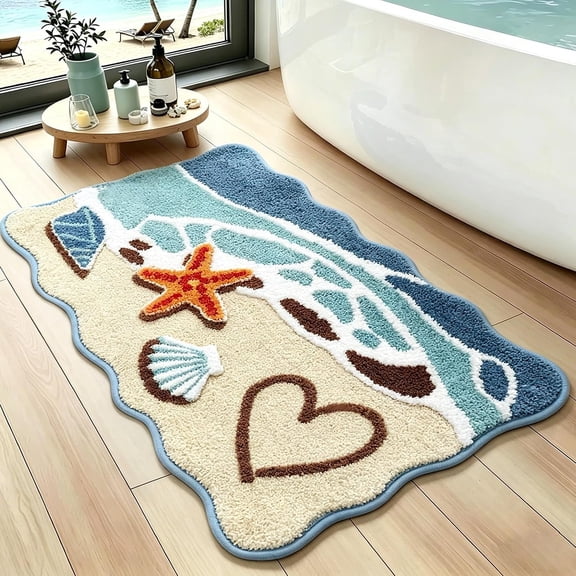 Beach Bathroom Rug 20x32 Inch,  Textured Coastal  Wave Scalloped Bath Mat with Starfish Shell Decor, Soft Microfiber Absorbent Non-Slip Washable Bath Rug for Bathroom, Kitchen, Entryway