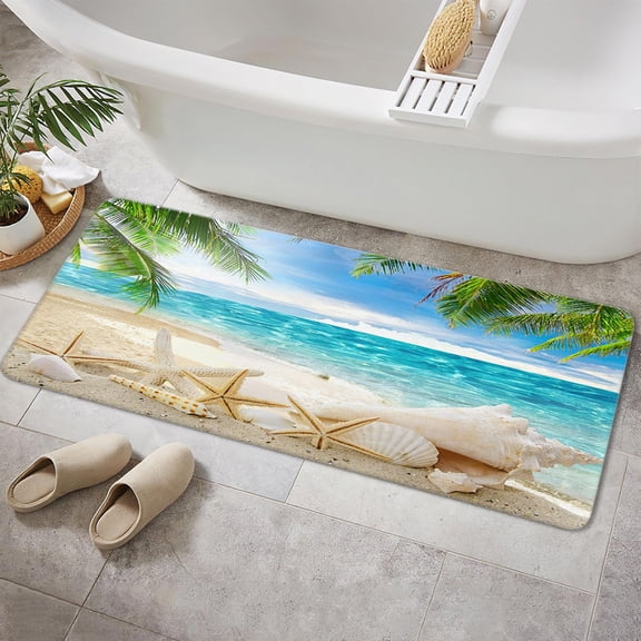 Beach Bathroom Rug Mat, Beach Starfish Bathroom Rugs Set, Tropical Paradise Beach Blue Sky Palm Tree Non-Slip Bath Carpet Summer Tropical Beach Seaside Island Blue Sea Tub and Shower Mat(17"X29")