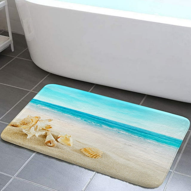 Beach Bathroom Rug, Tropical Sea Waves Seashell Bath Mat Bathroom