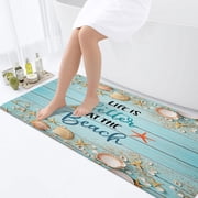 Beach Bathroom Rugs, Tropical Starfish Bathroom Rugs Set Seashell on Turquoise Rustic Wood Non-Slip Bath Rugs, Ocean Shower Curtain Nautical Coastal Bathroom Rug Mat 17X48inch, Absorbent Bath Rugs