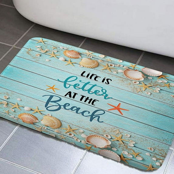 Beach Bathroom Rugs, Tropical Starfish Bathroom Rugs Set Seashell on Turquoise Rustic Wood Non-Slip Bath Rugs, Ocean Shower Curtain Nautical Coastal Bathroom Rug Mat 17x29inch, Absorbent Bath Rugs