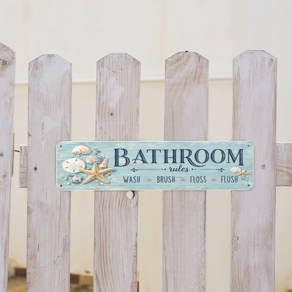 Beach Bathroom Rules Metal Tin Sign With Seashell Farmhouse Guest Bath Decor Blue 4x16 Inch