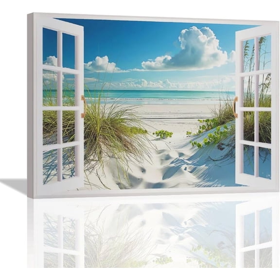 Beach Bathroom Wall Art Coastal Beach Ocean Pictures Wall Decor 3D Window Art Blue Sea Canvas Painting Print Tropical Nature Landscape Modern Home Decor Artworks Framed for Living Room Bedroom 16"x12"