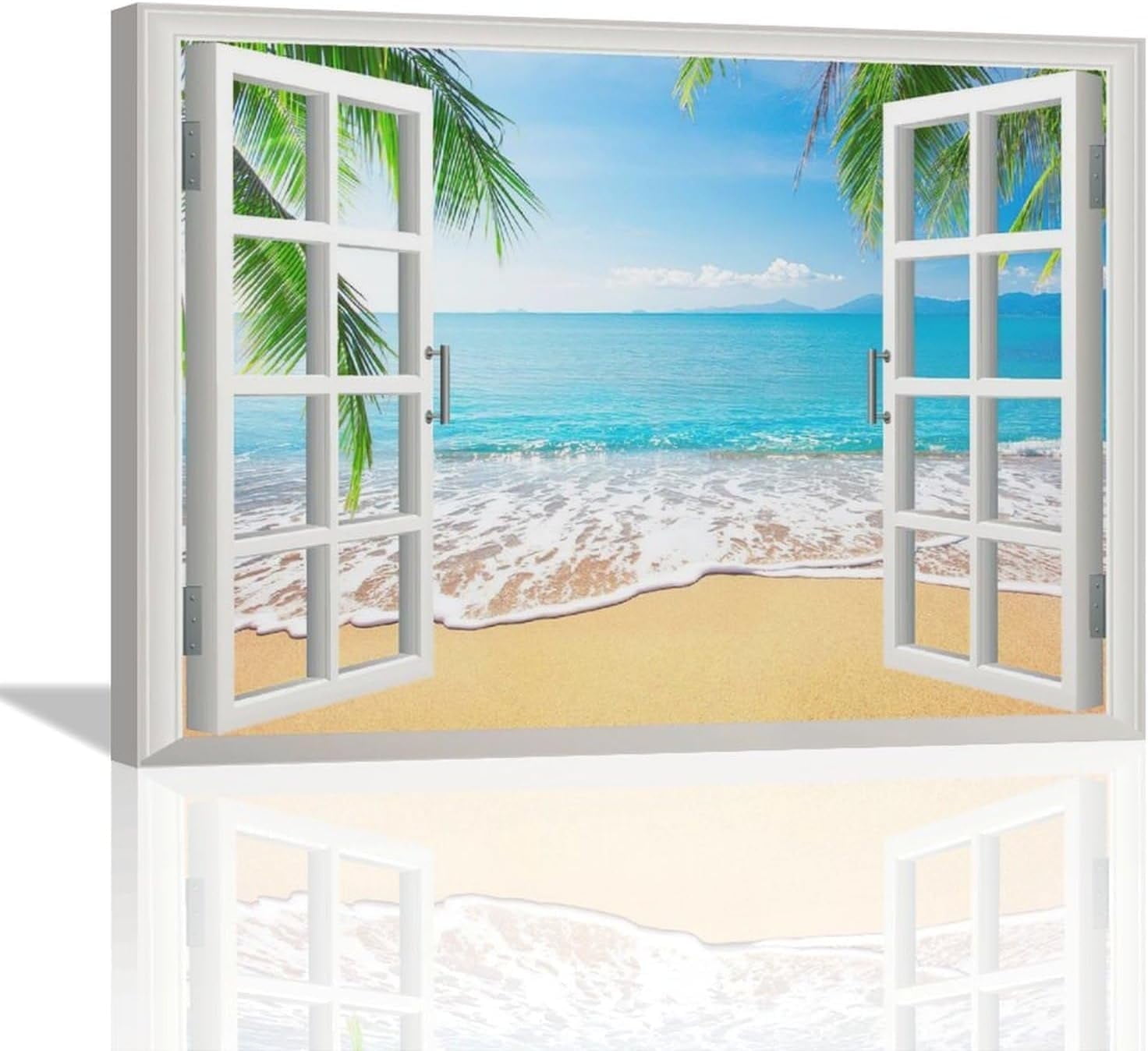 Beach Bathroom Wall Art Coastal Beach Ocean Pictures Wall Decor 3D Window Art Blue Sea Canvas Painting Print Tropical Palm Tree Nature Landscape Home Artworks Framed for Living Room Bedroom 16"x12"