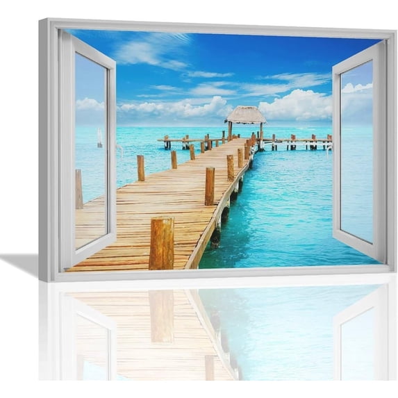 Beach Bathroom Wall Art Coastal Beach Ocean Pictures Wall Decor 3D Window Art Blue Sea Island Canvas Painting Print Tropical Nature Landscape Home Decor Artworks Framed for Living Room Bedroom 16"x12"