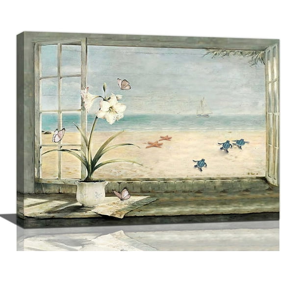Beach Bathroom Wall Art Coastal Flower Ocean Turtle Butterfly Pictures Bathroom Wall Decor Floral Bathroom Canvas Prints Painting Beach Decorations Framed Artwork for Bathroom Bedroom 20"x16"