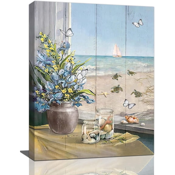 Beach Bathroom Wall Art Coastal Flower Turtle Butterfly Pictures Bathroom Wall Decor Floral Bathroom Canvas Prints Painting Beach Decorations Framed Artwork for Bathroom Bedroom 12"x16"