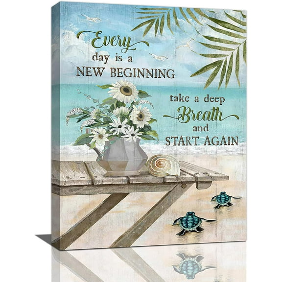 Beach Bathroom Wall Art Sea Turtle Bathroom Pictures Wall Decor Rustic Flower Teal Canvas Painting Seascape Coastal Framed Artwork for Bathroom Bedroom Living Room 12"x16"