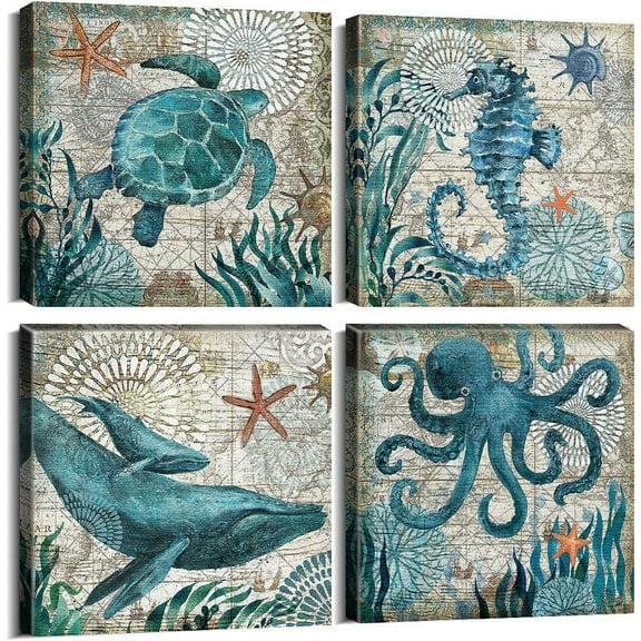 Beach Bathroom Wall Decor Sea Turtle Wall Art Ocean Nautical Bathroom Pictures Coastal Themed Octopus Canvas Art Bedroom Painting Teal Bathroom Accessories Kitchen Home Decorations 12x12" 4 Pcs/Set