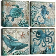 Beach Bathroom Wall Decor Sea Turtle Wall Art Ocean Nautical Bathroom Pictures Coastal Themed Octopus Canvas Art Bedroom Painting Teal Bathroom Accessories Kitchen Home Decorations 12x12" 4 Pcs/Set