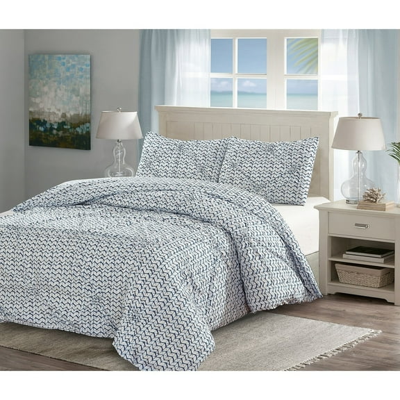 Beach Batik 3pc 100% Cotton Blue and White Pintuck Look Duvet Cover Set