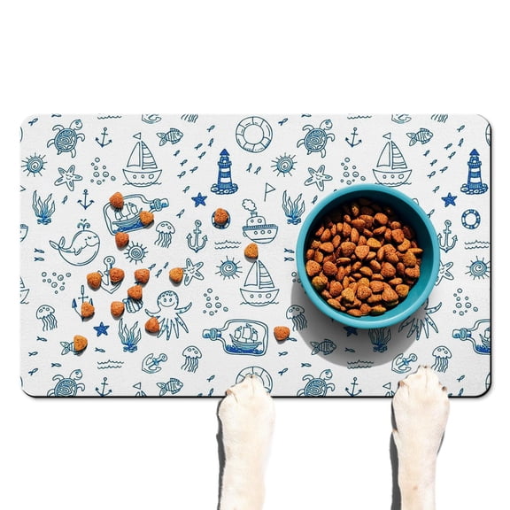 Beach Beacon Nautical Summer Dog Food Mat – Coastal Marine Pet Feeding Mat 12x20, Non-Slip, Absorbent, Quick Dry, Waterproof, Easy Clean