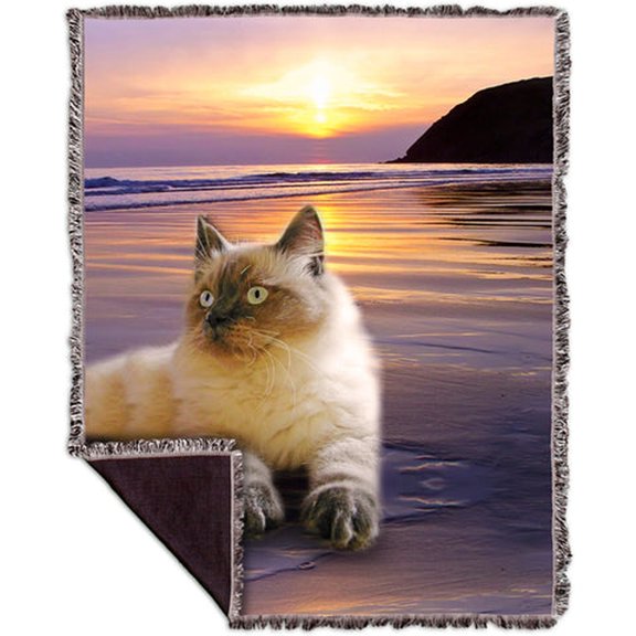 Beach Beauty Kitty Cat Woven Throw Blanket, 100% Cotton, Fringed Edges