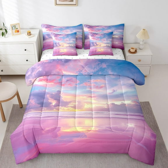 Beach Bed in a Bag King Size Comforter Set 7 Pieces,Rosy Clouds Hawaii Beach Bedding Sets Coastal Sunset Sunrise Sheet Set with Comforter