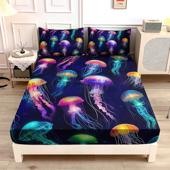 Beach Bedding Colorful Jellyfish Fitted Sheet Set Twin Size,Ocean Underwater Glowing Jellyfish Bedding Set for Kids Girls Room Decor.
