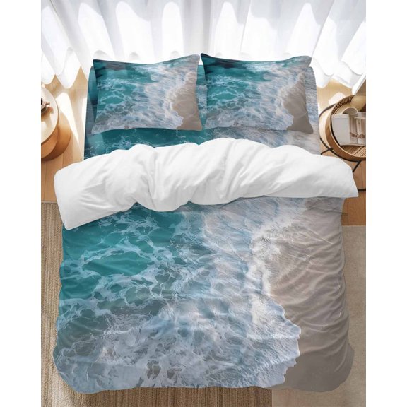 Beach Bedding Duvet Cover Set Full Size 4 Pieces Ocean Scenery Modern Minimalist Soft Twill Plush Quilt Cover, Include 1 Duvet Cover 1 Flat Sheet And 2 Pillow