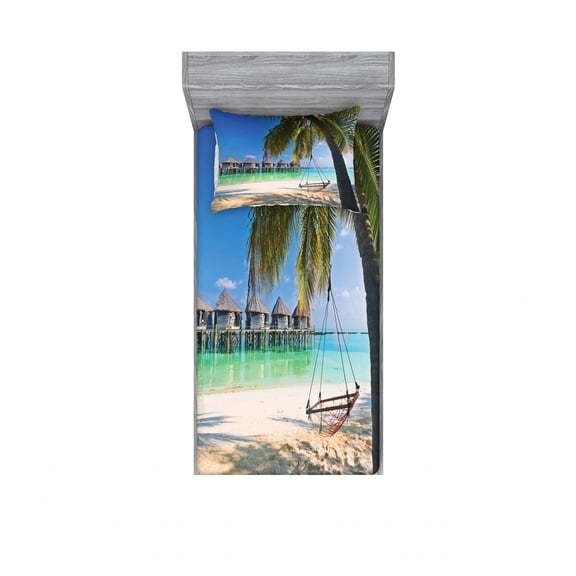 Beach Bedding Set with Sheet & Covers, Hammock Under Palm Leaves in Heaven Beach Paradise Caribbean Peace Sun Summer Print, Printed Bedroom Decor 2 Shams, 4 Sizes, Multicolor, by Ambesonne
