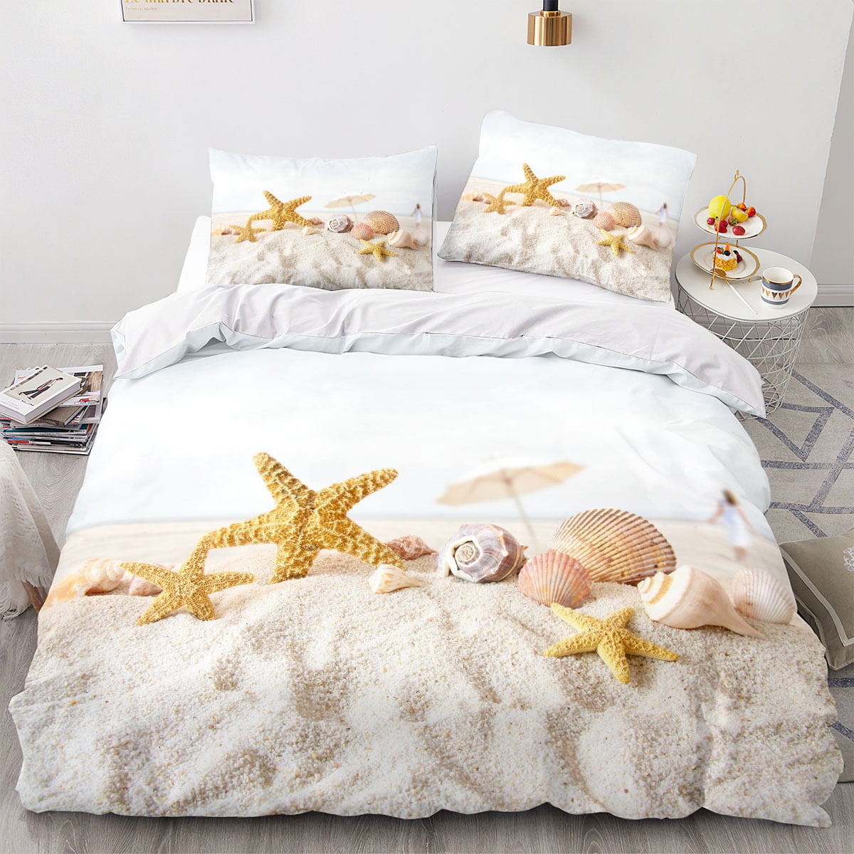 Beach Bedding Sets Queen Coastal Ocean Duvet Cover Set Turquoise Teal Starfish Seashell Marine