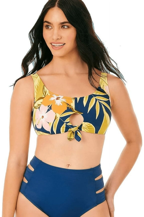 by Miracle Brands Women's Slimming Control Tie-Front Keyhole Bikini Top - Blue Tropical, Small