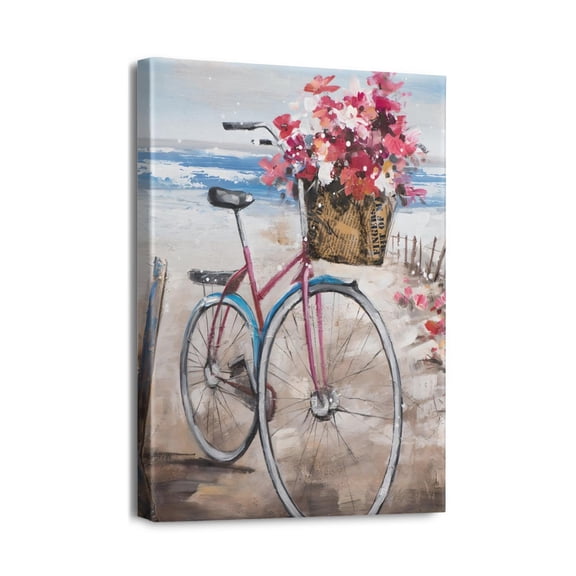 Beach Bicycle Decor Rustic Bike & Flower Pictures on Canvas, 12x16 inch, Coastal Beach Wall Art for Bathroom, Bedroom, Living Room