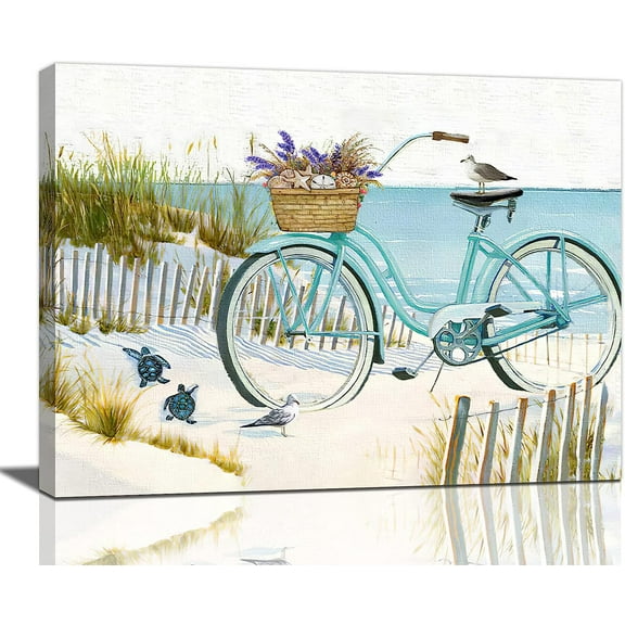 Beach Bicycle Pictures Wall Art Ocean Coastal Nautical Bathroom Decor Turtle Bike Lavender Seashell Canvas Paiting Teal Beach Framed Artwork for Bathroom Bedroom Living Room 16 X 12 in