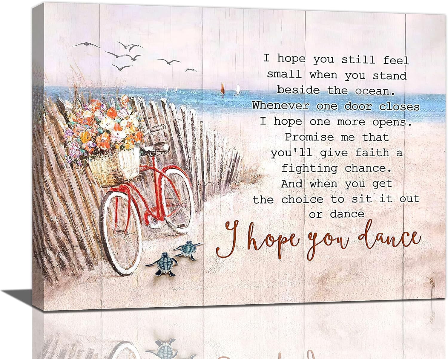 Beach Bicycle Wall Art Coastal Bike Pictures Wall Decor Sea Turtle Motivational Quotes Canvas Prints I Hope You Dance Painting Framed Modern Artwork for Bathroom Kitchen Dining Room Office 16"x12"