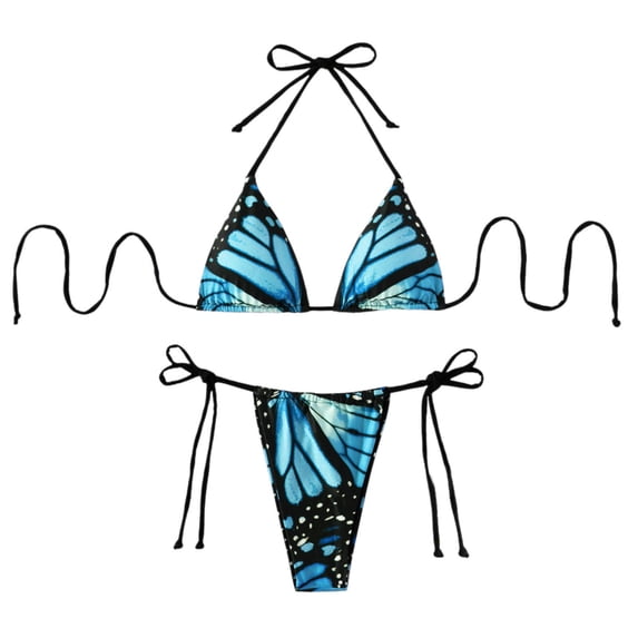 Beach Bikini for Women Butterfly Print Tankini Set Halter Neck Bikini Top and String Bottom Matching Two Piece Summer Blue L