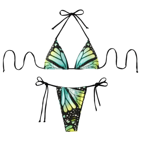 Beach Bikini for Women Butterfly Print Tankini Set Halter Neck Bikini Top and String Bottom Matching Two Piece Summer Green L