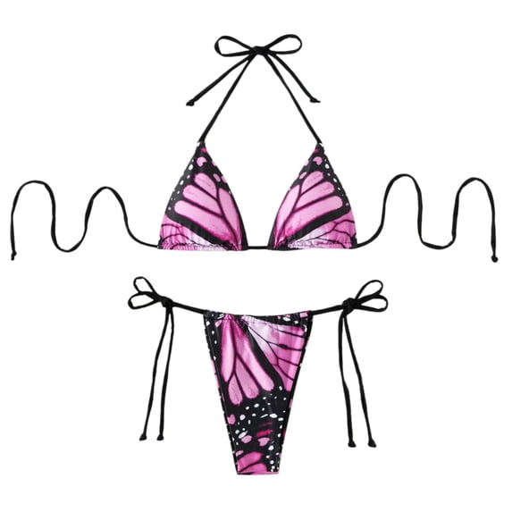 Beach Bikini for Women Butterfly Print Tankini Set Halter Neck Bikini Top and String Bottom Matching Two Piece Summer Purple L