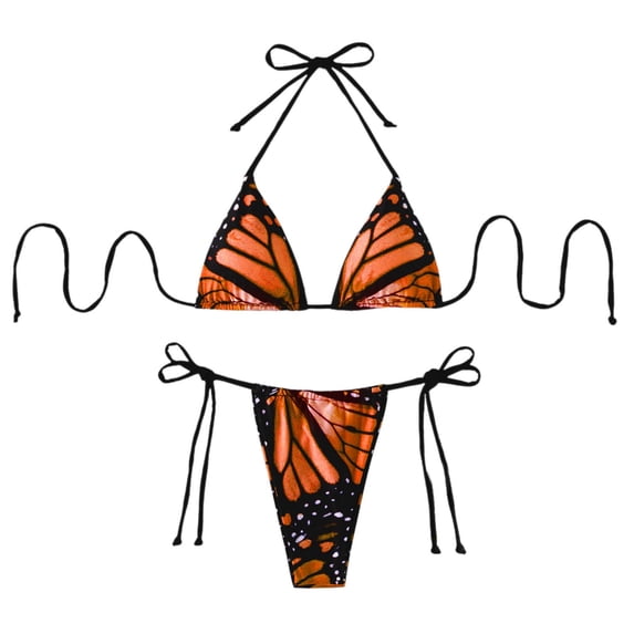 Beach Bikini for Women Butterfly Print Tankini Set Halter Neck Bikini Top and String Bottom Matching Two Piece Summer Red M
