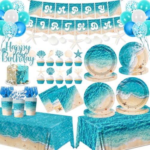 Beach Birthday Party Decorations, 183Pcs Ocean Waves Birthday Party Decorations Summer Pool Hawaiian Beach Party Supplies Plates,Napkins,Cups,Banner,Tablecloth,Balloons,Cupcake Topper,Serves 24