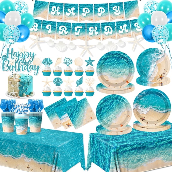Beach Birthday Party Decorations, 183Pcs Ocean Waves Birthday Party Decorations Summer Pool Hawaiian Beach Party Supplies Plates,Napkins,Cups,Banner,Tablecloth,Balloons,Cupcake Topper,Serves 24 Y114