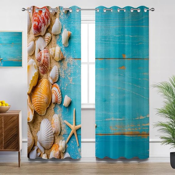Beach Blackout Curtains for Bedroom Living Room, Seashell Starfish Nautical Coastal Patterned Window Treatments, Room Darkening Thermal Insulated Grommet Drapes 26"W x 54"L (Pack of 2)