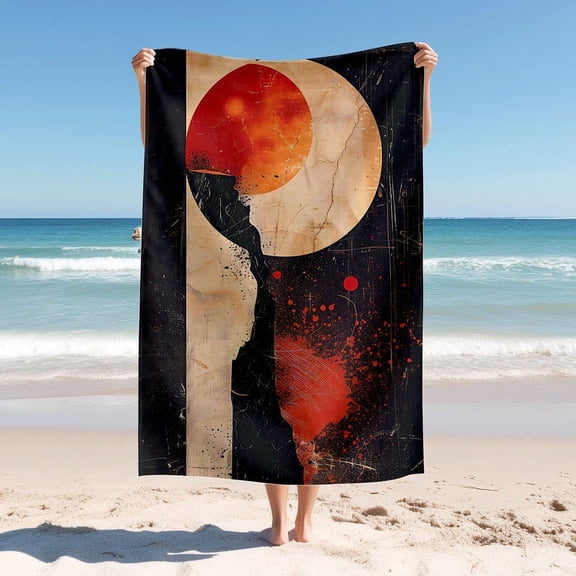 Beach Blanket, Abstract Hoor Ink Pattern Of Moon Red Sun and Blood Drop, Quick Drying Thick Soft Sand Proof Swimming Bath Trave Gyml Picnic Towel