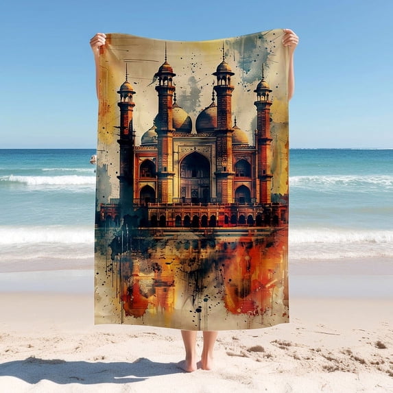 Beach Blanket, Mosque with Sandstone Texture Calligrap Illustration , Quick Drying Thick Soft Sand Proof Swimming Bath Trave Gyml Picnic Towel