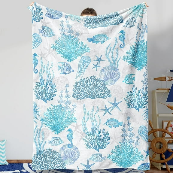 Beach Blanket Nautical Coastal Throw Blanket Blue Ocean Themed Throw Blanket Starfish Seashell Coral Blanket Summer Lightweight Flannel Fleece Throw Blanket for Couch Bed Decor “50 x60”