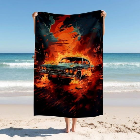 Beach Blanket ,Pattern with A Car is on Fire ,Quick Drying Thick Soft Sand Proof Swimming Bath Travel Picnic Towel,Perfect for Beach