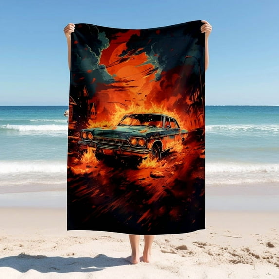 Beach Blanket ,Pattern with A Car is on Fire ,Quick Drying Thick Soft Sand Proof Swimming Bath Travel Picnic Towel,Perfect for Beach