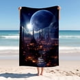 thumbnail image 1 of Beach Blanket ， Pattern with Futuristic Mystical City And Earth Sky Quick Drying Thick Soft Sand Proof Swimming Bath Travel Picnic Towel, 1 of 1
