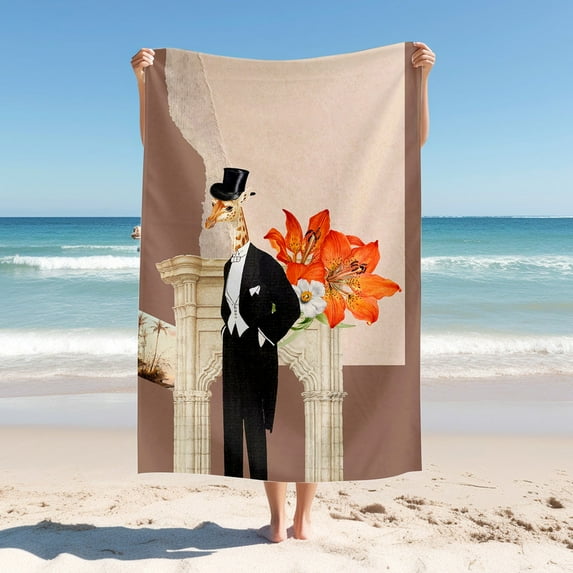 Beach Blanket, Pattern with Giraffe in a suit and red flowers Quick Drying Thick Soft Sand Proof Swimming Bath Trave Gyml Picnic Towel
