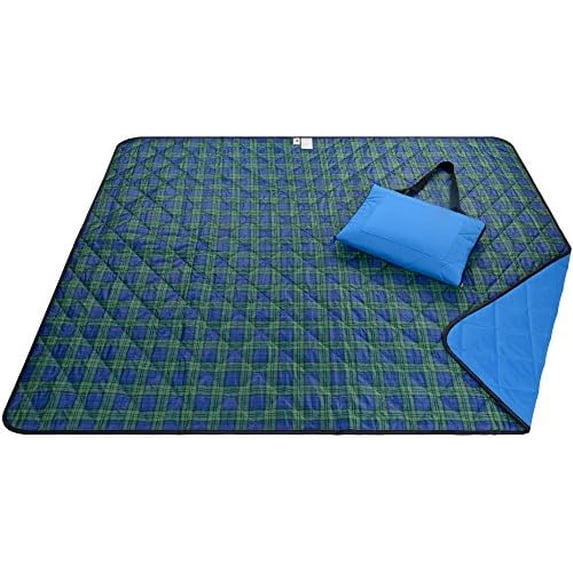 Beach Blanket Sand Proof & Outdoor Picnic Blanket - Water Resistant, Large Mat for Camping or Travel. Washable, Foldable, Easy Carry Compact Tote Bag (Green/Blue Plaid)