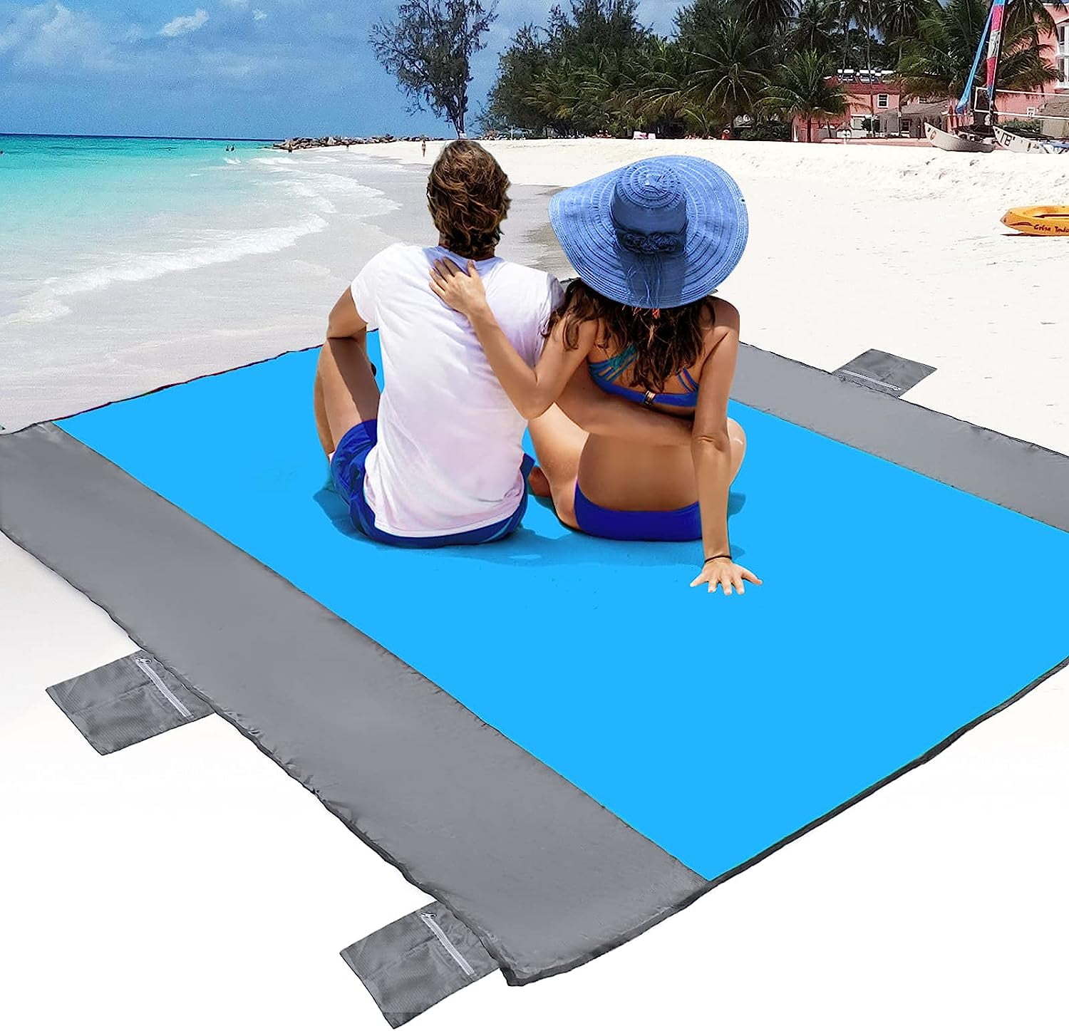 Beach Blanket, Sandproof Beach Mat with 4 Stakes, 83''×79'' Waterproof Picnic Blanket for 4-7 Adults, Outdoor Large Blanket for Travel Camping Hiking Picnic