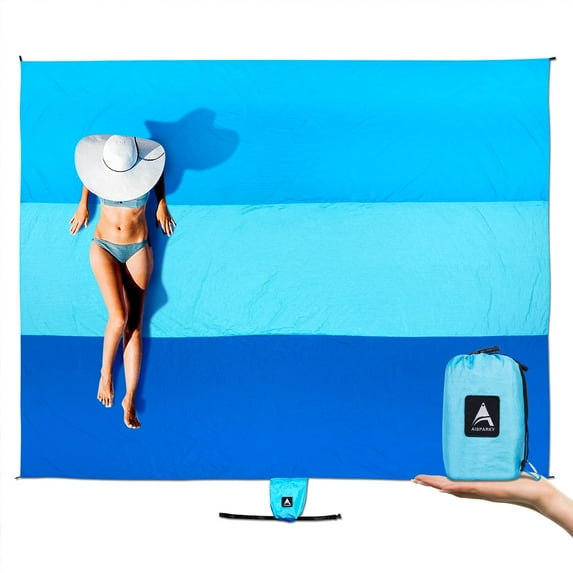 Beach Blanket Sandproof, Extra Large Beach Mat, Big & Compact Sand Free Mat Quick Drying, Lightweight & Durable with 6 Stakes & 4 Corner Pockets