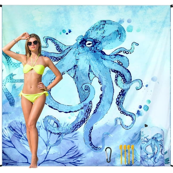 Beach Blanket, Wateresistant Sandproof Sand Free Beach Mat with Corner Pockets Portable Bag for Beach Festival,Picnic,Travel and Outdoor Camping Activties (BL-Octopus, 79"×83"(4 Person))