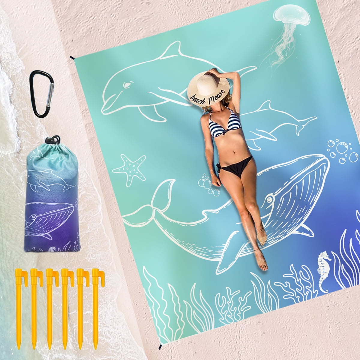 Beach Blanket Waterproof Oversized 95x 80,Ideal for 3-7 Adults. Stay Sand-Free during Travel, Hiking, and Camping with this Stylish Ocean-Style Picnic Mat.