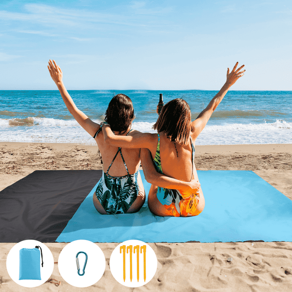 Troxlin Sandproof Waterproof Beach Blanket 77"x84", Quick-Drying Lightweight Outdoor Mat with 4 Stakes & Bag, Beach Accessory for Camping, Blue